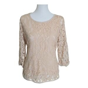 Adrianna Papell Crochet 3/4 Sleeve Sheer Overlay Top Beige Lace Cuff Size Small